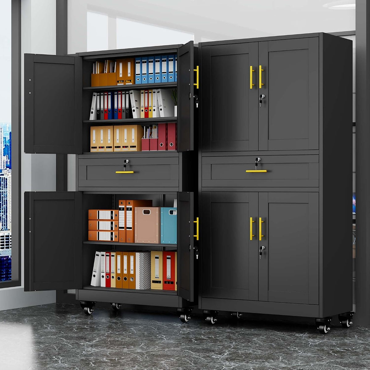 pozdeg 74" black lockable rolling metal garage storage showing dimensions