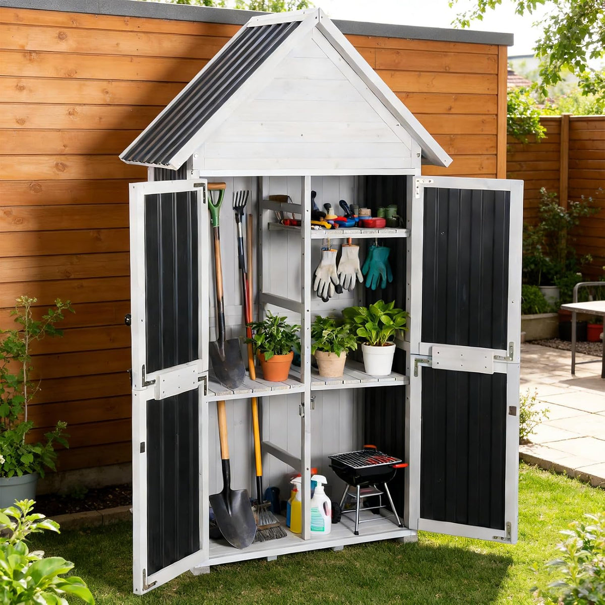 Sheds Outdoor Storage,Garden Shed with Metal Frame Structure and Adjustable Shelves,Large Capacity Storage Tool Cabinet Box for Backyard Garden Patio Lawn (White)