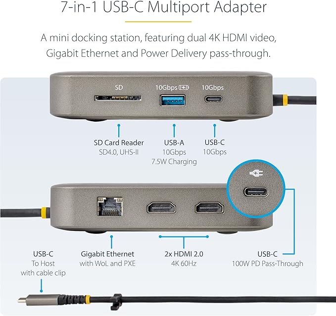 StarTech.com 7-in-1 USB C DisplayLink Dual Monitor Docking Station, 4K 60Hz
