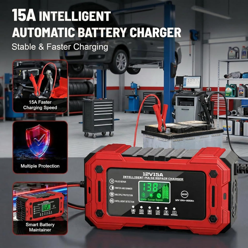 car battery charger 12v 15a smart trickle charger shown in use