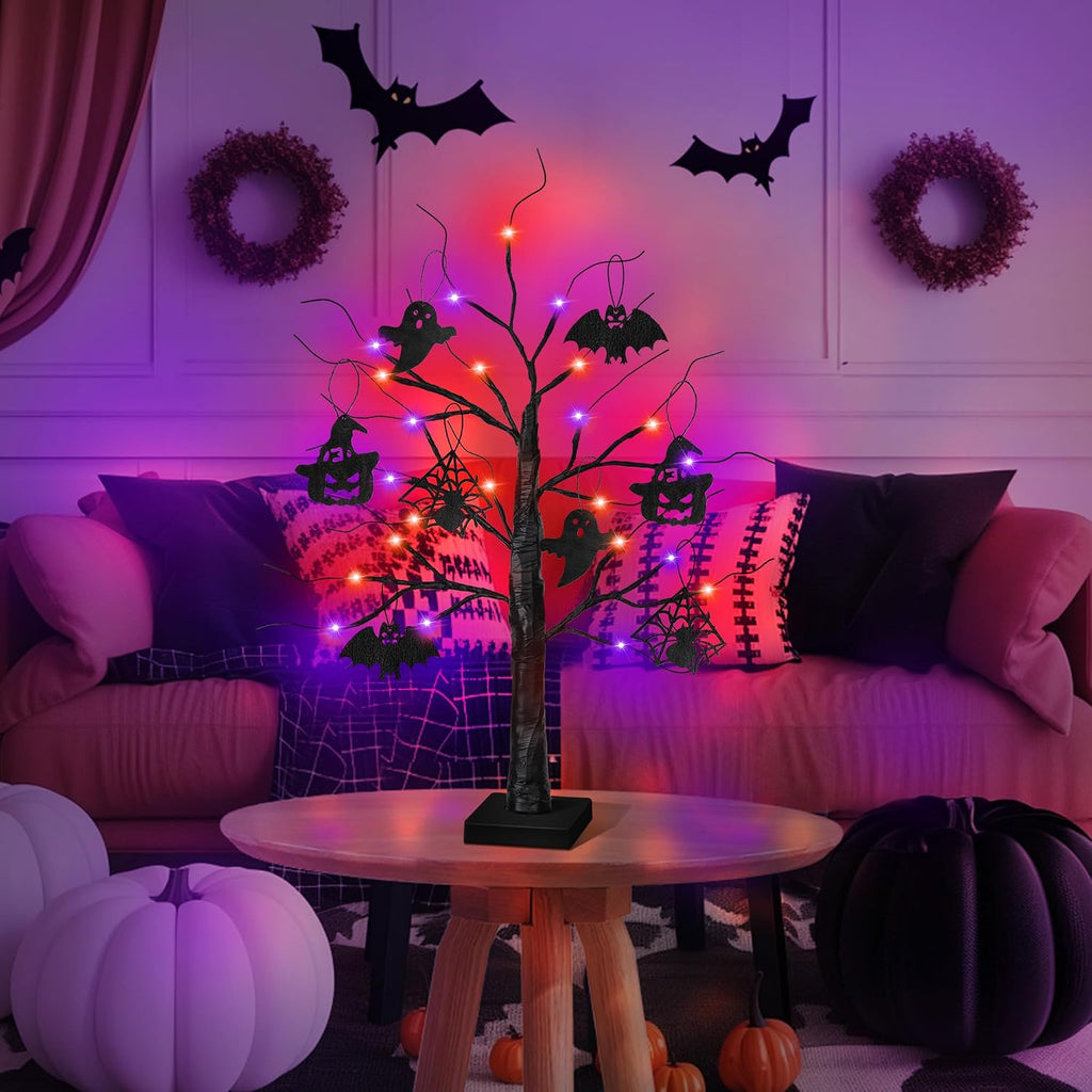 Halloween Decorations Indoor 2 Pack 24 Inch Black Halloween Tree with 24 LED Orange Purple Lights, USB/Battery Operated Halloween Table Decorations Tree Light with Timer, Scary Spooky Home Decor