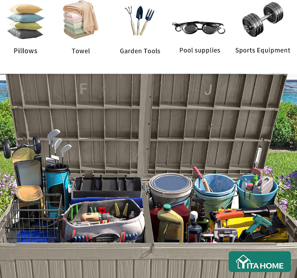 yitahome 180 gallon large deck box w/divider, side view