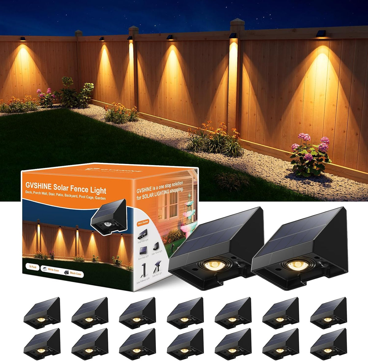 16 Pack Decoration Solar Fence Lighting Outdoor Down Warm White LED