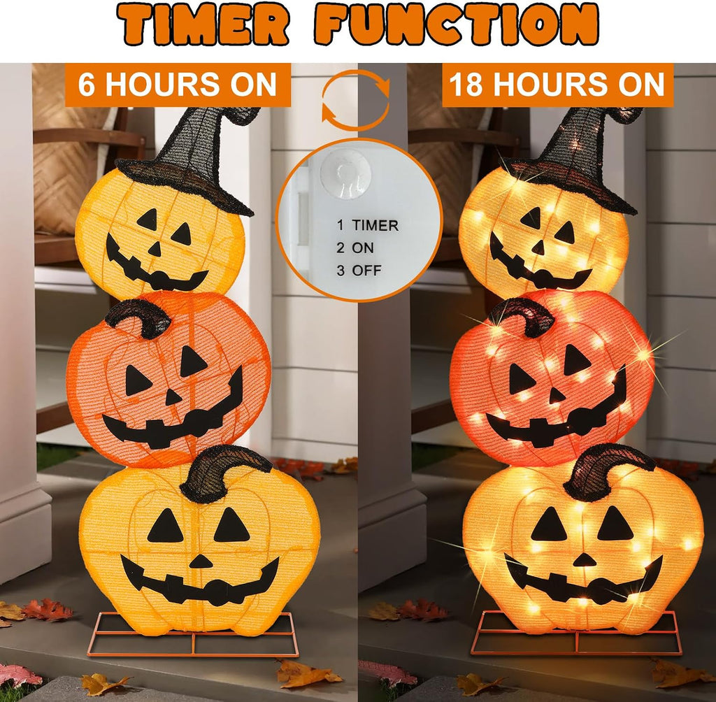 Halloween Lighted 3 Stacked Pumpkins, 39’’ H Pre-Lit Lighted Pumpkins with 50 Warm White Lights, Light Up Halloween Pumpkin Decoration for Indoor, Outdoor, Porch, Yard, Holiday Decor