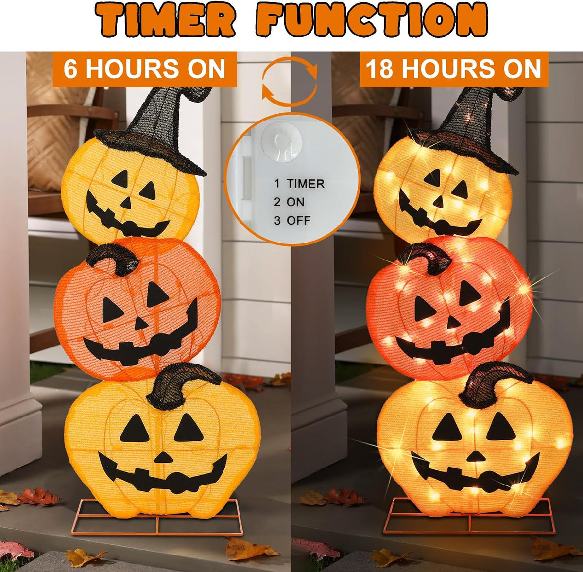 Halloween Lighted 3 Stacked Pumpkins, 39’’ H Pre-Lit Lighted Pumpkins with 50 Warm White Lights, Light Up Halloween Pumpkin Decoration for Indoor, Outdoor, Porch, Yard, Holiday Decor