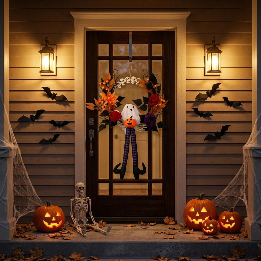 28Inch Length Halloween Wreath for Front Door, Gothic Lighted Fall Wreath