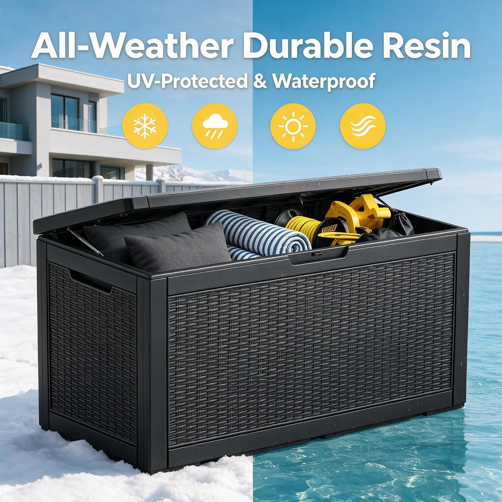 120 gallon deck box,lockable outdoor storage box gas, side view