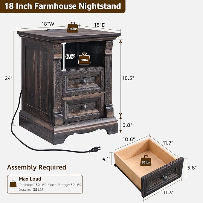 Farmhouse Nightstand with Charging Station, Wooden Sofa Side Table w/Roman
