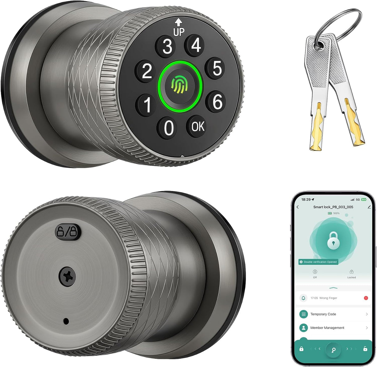 Keypad Door Lock with Knob, Smart Keyless Entry Lock with Code for Bedroom