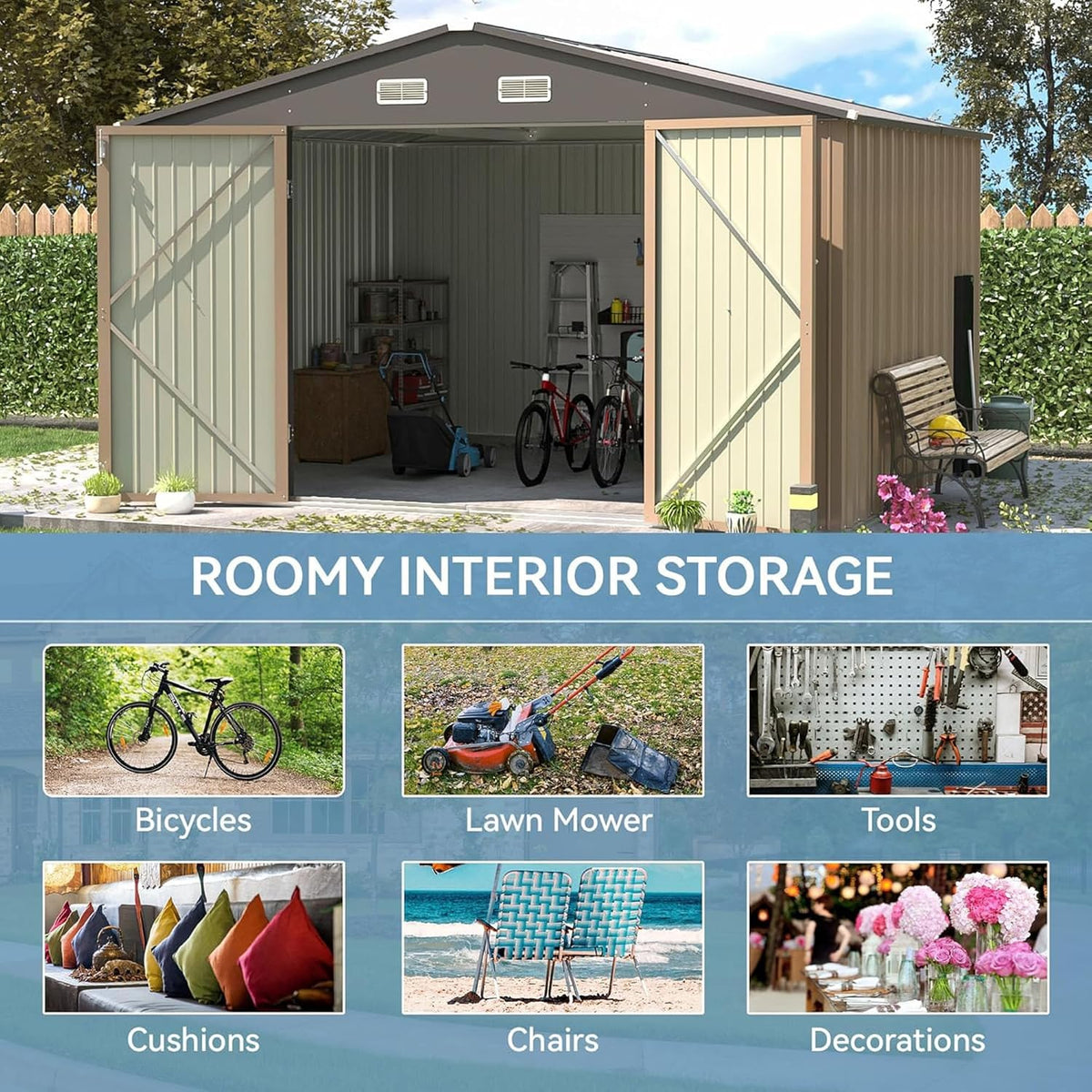patiowell 10x8 ft outdoor storage shed, metal sheds showing dimensions