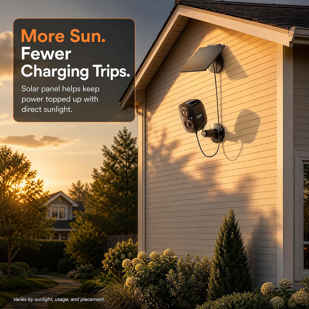 dzees 2k solar security camera outdoor wireless, 5200mah shown in use