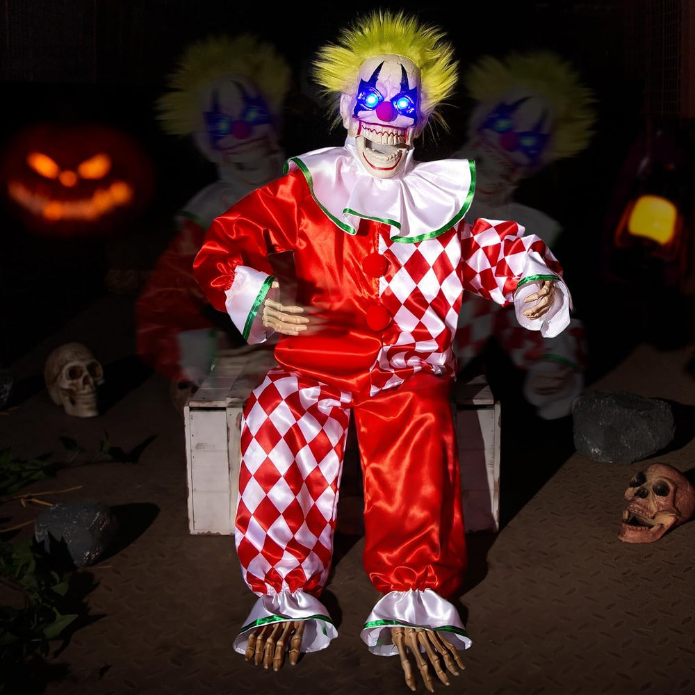 Halloween Animatronic Sitting Clown Decoration–Sound Activated Creepy Clown P...