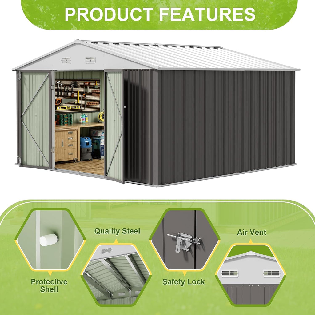jummico 10x10 ft outdoor storage shed, grey, side view
