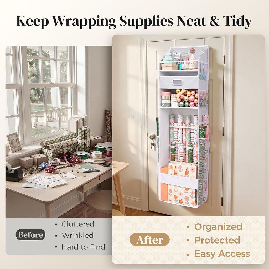 Ordovibe Wrapping Paper Storage Organizer, Over The Door Gift Wrap Holder with Removable Drawer & Side Mesh Pockets – Space Saving Closet Organizer for Christmas, Halloween, Birthday Rolls Supplies White