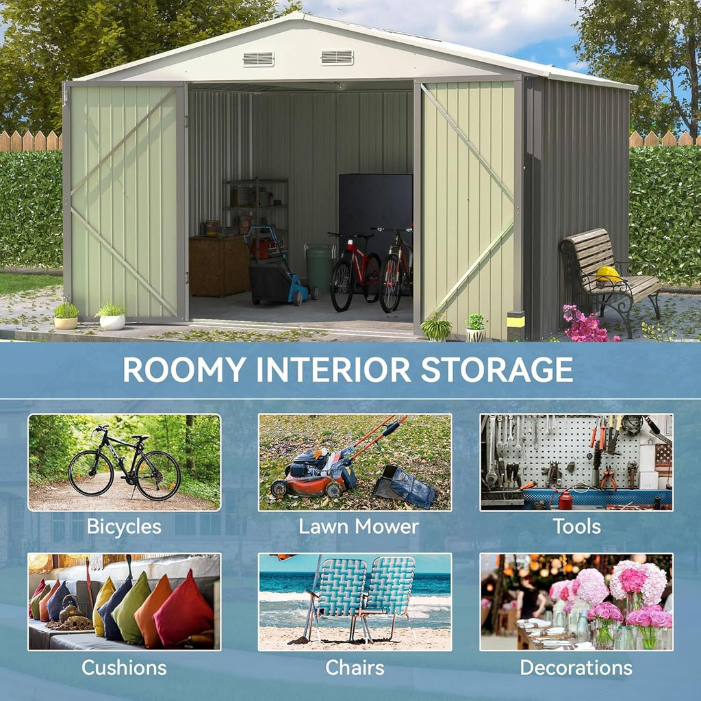 patiowell 10x8 ft outdoor storage shed, metal sheds showing dimensions
