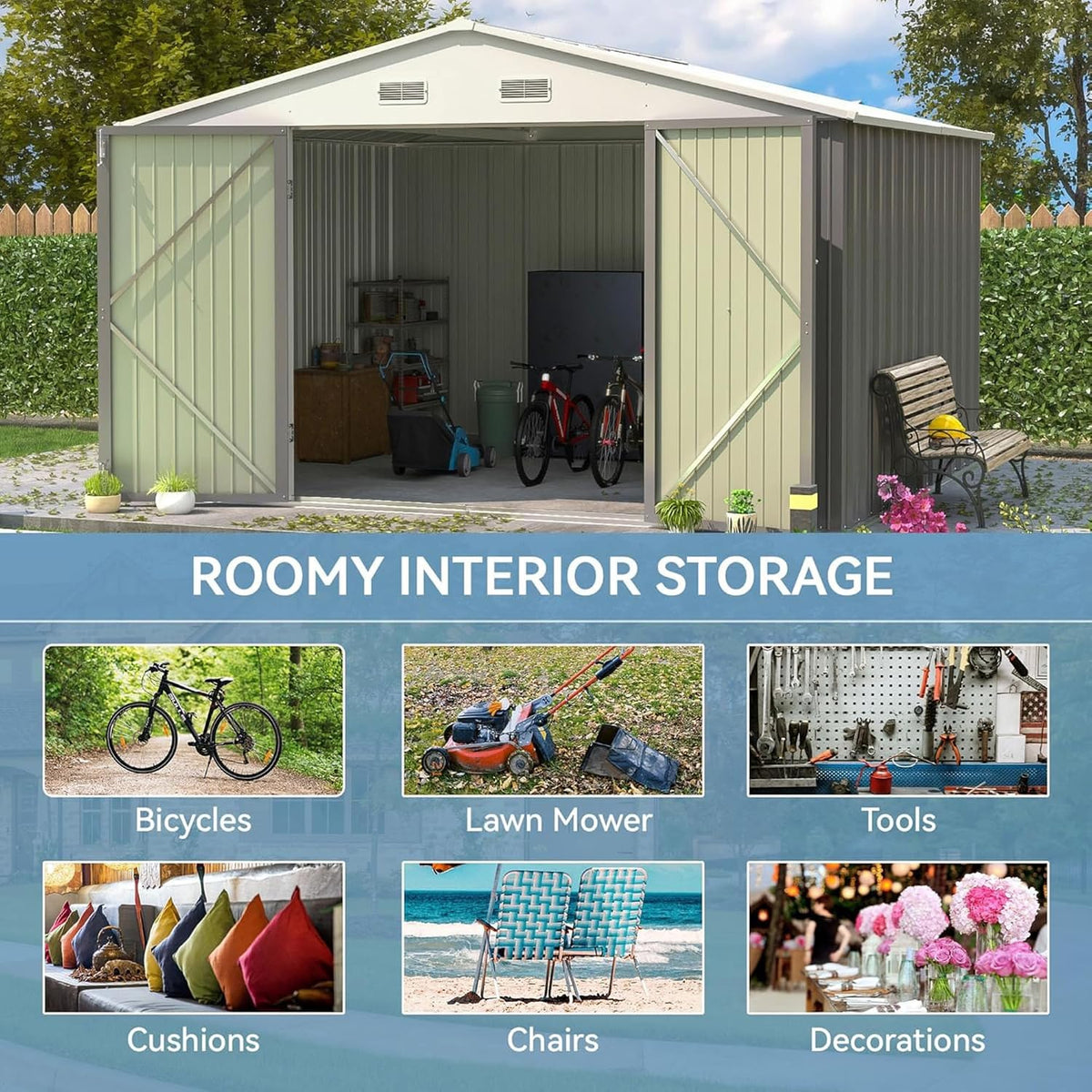 patiowell 10x8 ft outdoor storage shed, metal sheds showing dimensions