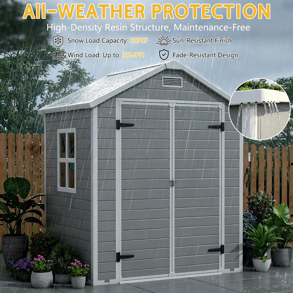 PIPLEO 6x4 FT Resin Outdoor Storage Shed with Floor, Plastic Garden Storage Shed with Lockable Door & Vent, All Weather Versatile Tool Shed for Backyard, Patio, Lawn, Gray