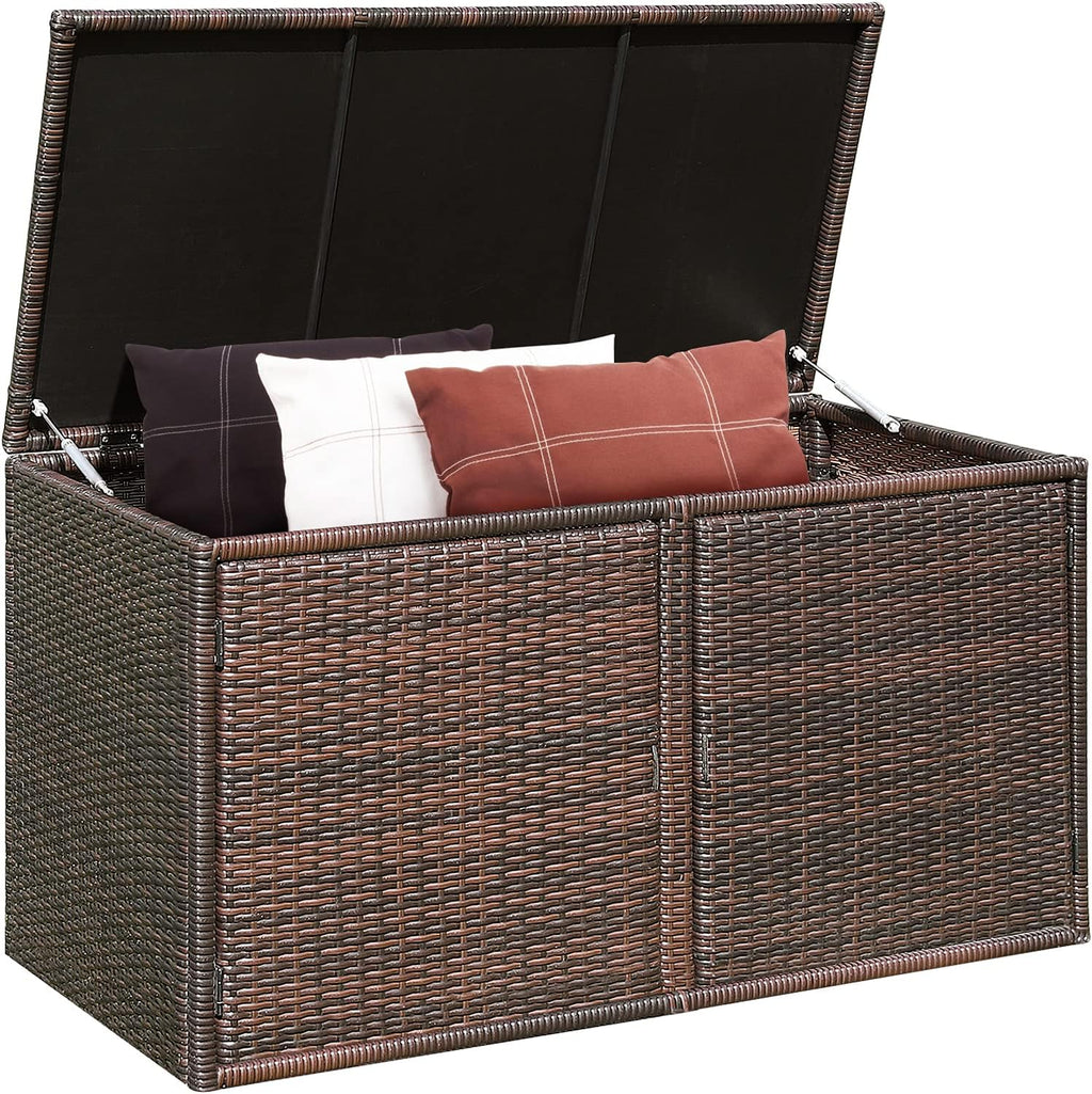 DORTALA 88 Gallon Deck Box Organizer, Wicker Large Indoor Outdoor Storage Container Cabinet for Patio Furniture Cushions Garden Tools, Brown