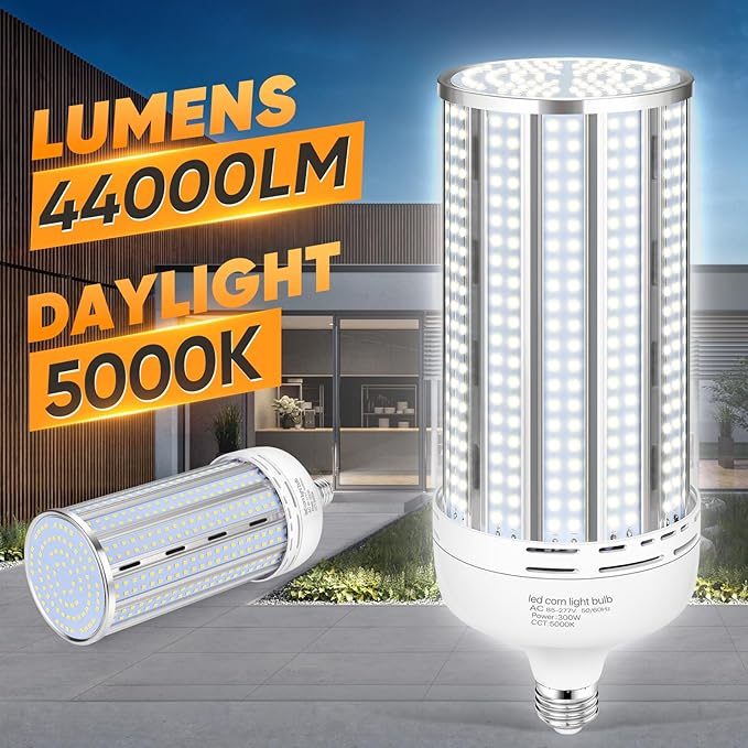 XYCN 2 Pack 300W Corn LED Light Bulb Fanless, 5000K Daylight E26/E39 Large
