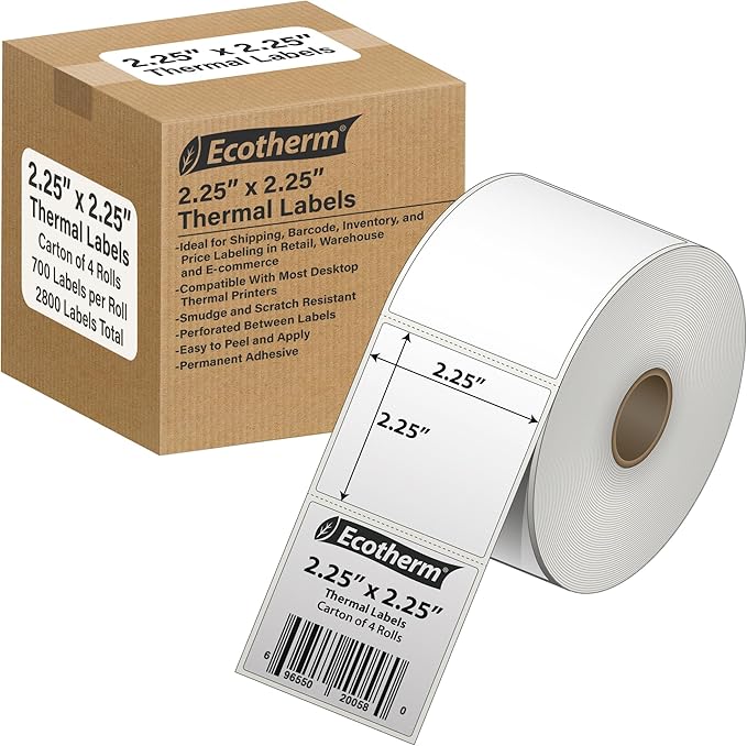 2.25" x 2.25" Thermal Labels | 4 Rolls | 2800 Labels | fits Zebra, Offnova