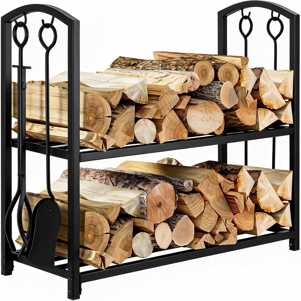 FEED GARDEN Firewood Rack with 4-Piece Fireplace Tools, Indoor Outdoor
