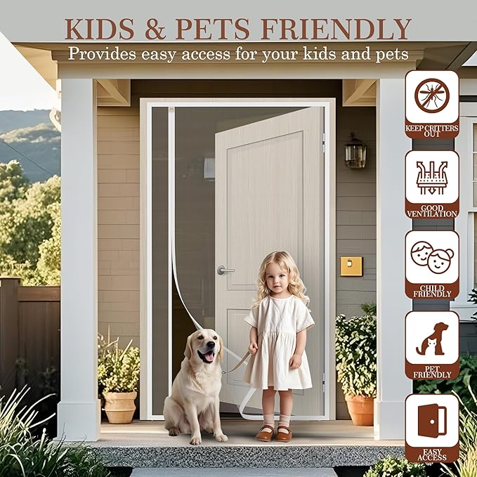 Yotache White Reversible Left Right Side Opening Magnetic Screen Door Fits Door