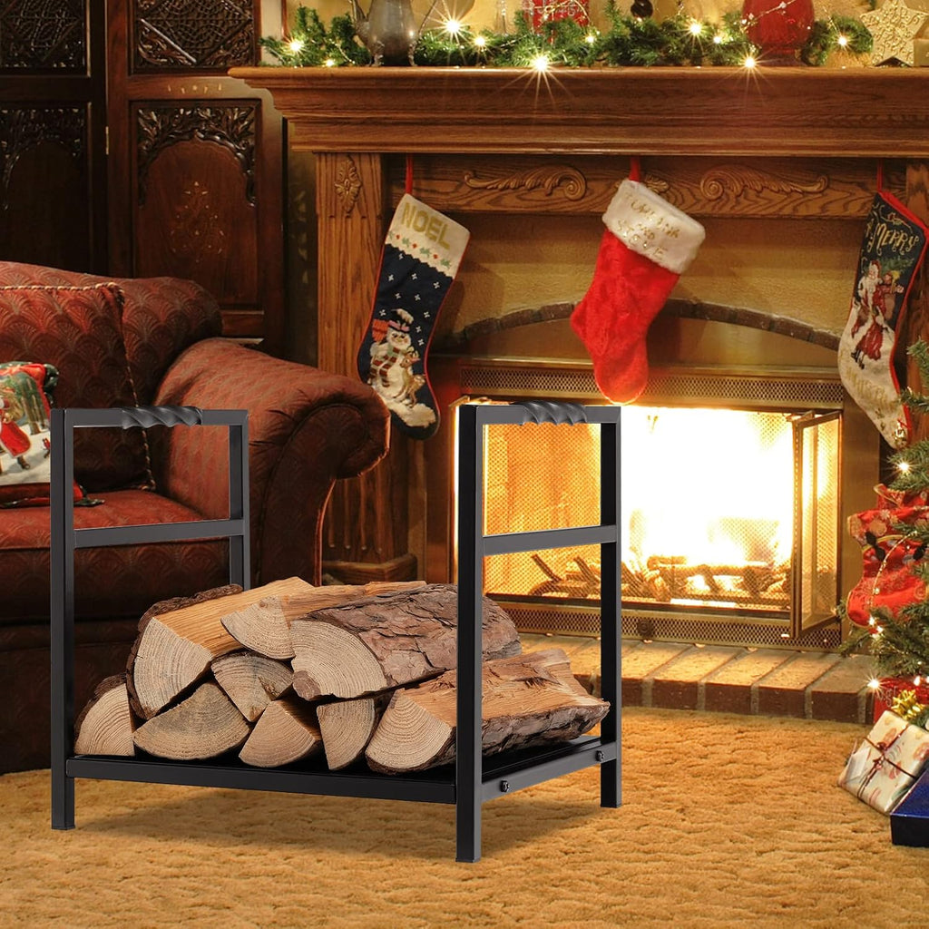 TANGZON Fireplace Log Rack, Heavy Duty Steel Firewood Rack, Indoor Outdoor Wood Stacking Storage Holder Stand (With Solid Base & Handles, 40 x 34 x 36cm)