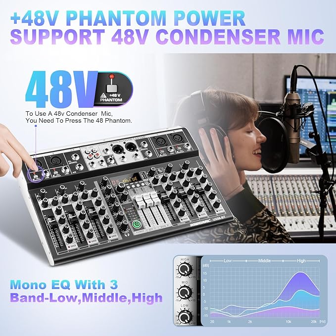 8 Channel Audio Mixer DJ Mixer Sound Board Console 16 Dsp USB Audio Interface