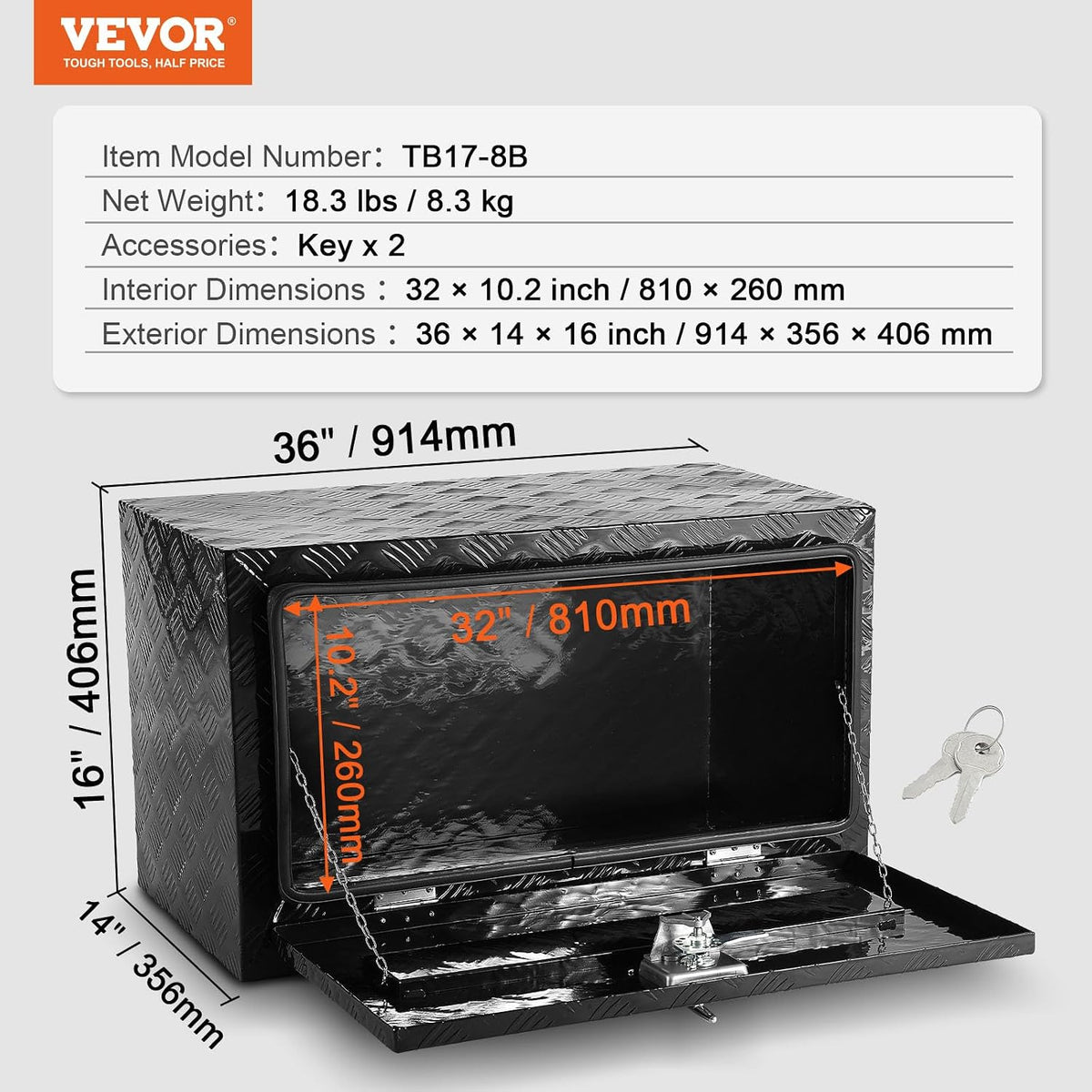 vevor underbody truck box, 36"×14"×16" pickup storage box on a desk or shelf