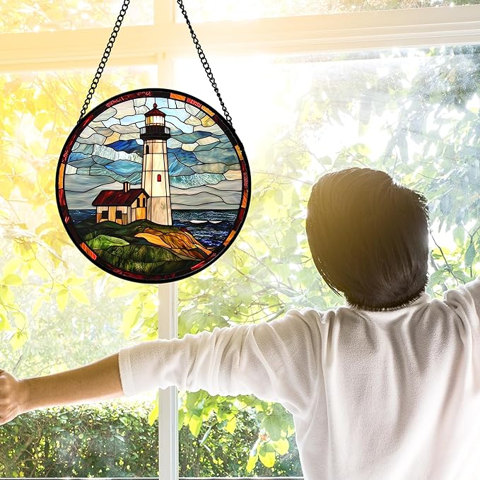 DASTOLL Stained Glass Window Hanging, Ocean Lighthouse Sun Catchers Glass Panel