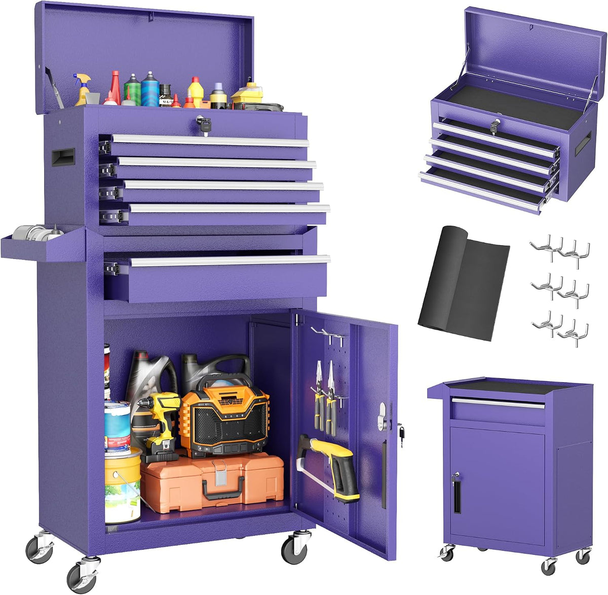 Greenvelly 5-Drawer Tool Chest with Wheels, Pre-Assembled Rolling Tool Chest, Detachable Top Tool Box, Lockable Design, Comes with Drawer Liners & Side Hooks for Garage Workshop Repair Room (Purple)