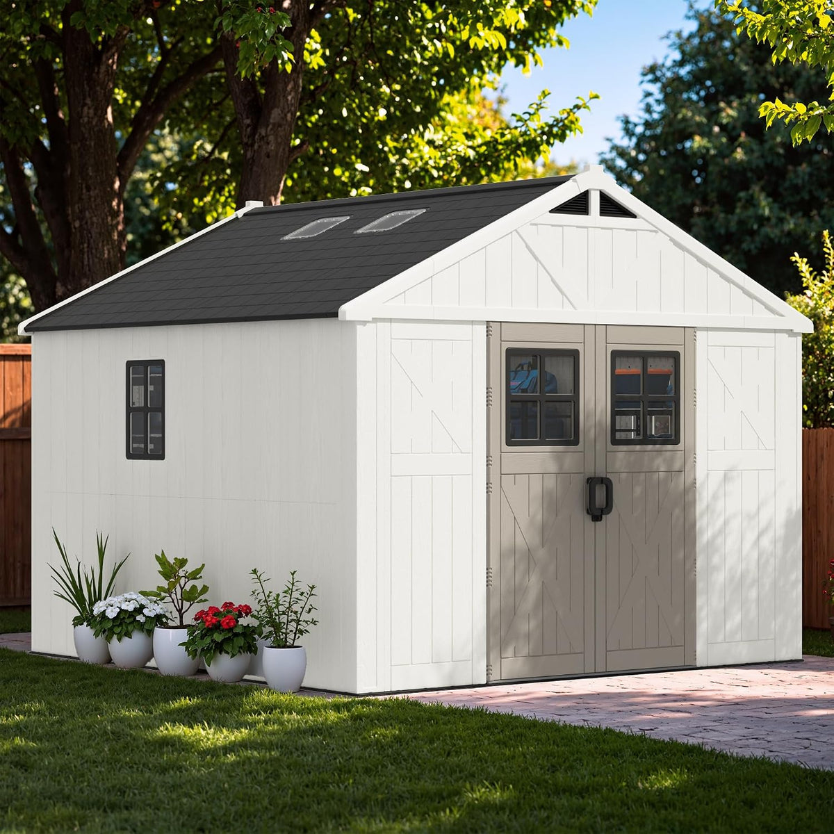 Greesum 10x10FT Resin Outdoor Storage Shed with Floor, Plastic Sheds, Beige