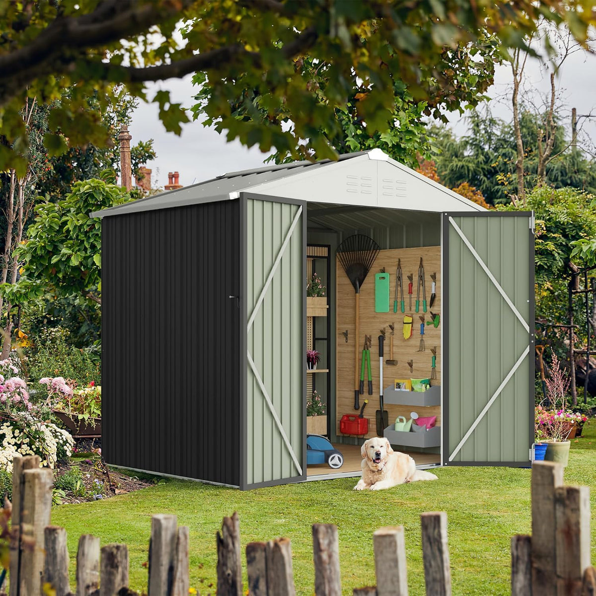 furniwell 6x8 ft outdoor storage shed, metal garden, close-up detail