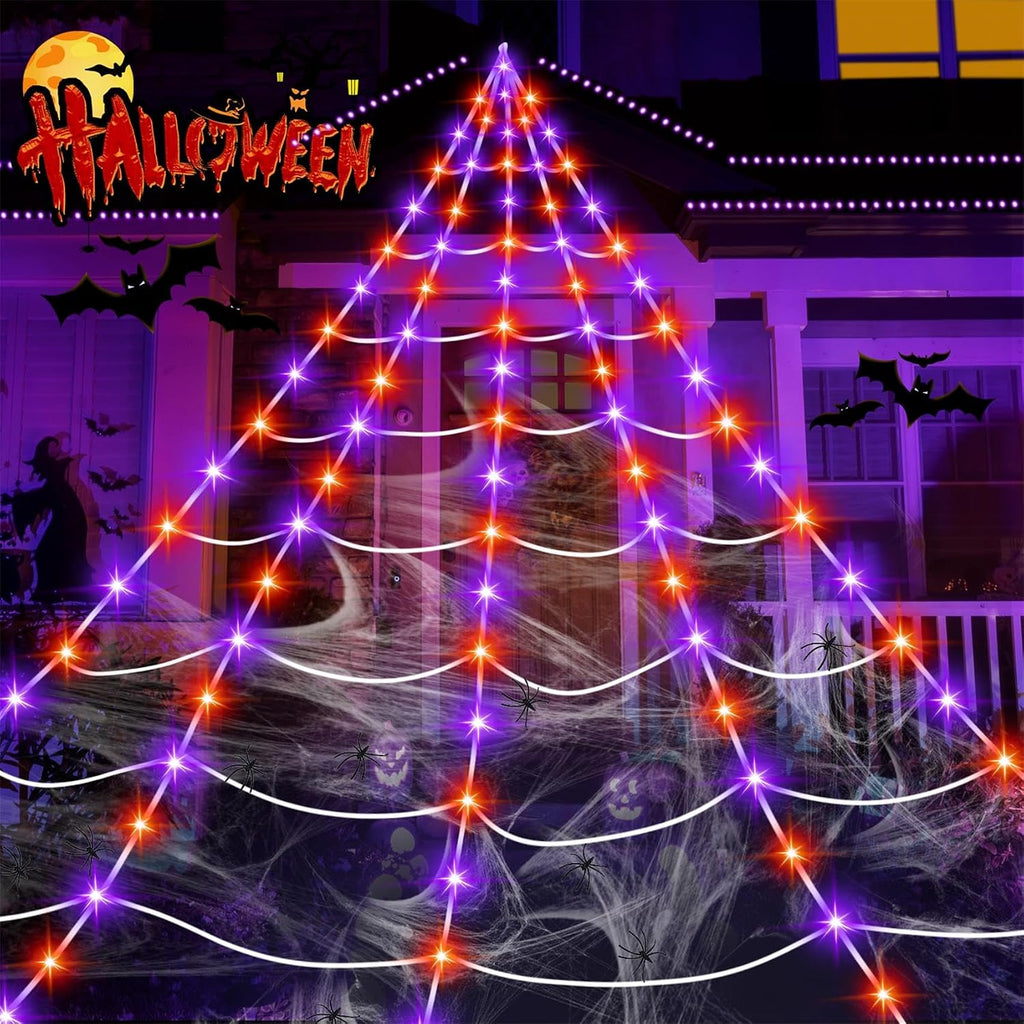 Halloween Decorations Outdoor, 200 LED Halloween Giant Spider Web Lights, 16.4Ft Lighted Spider Web Light up for Yard Haunted House Decor,Purple Orange