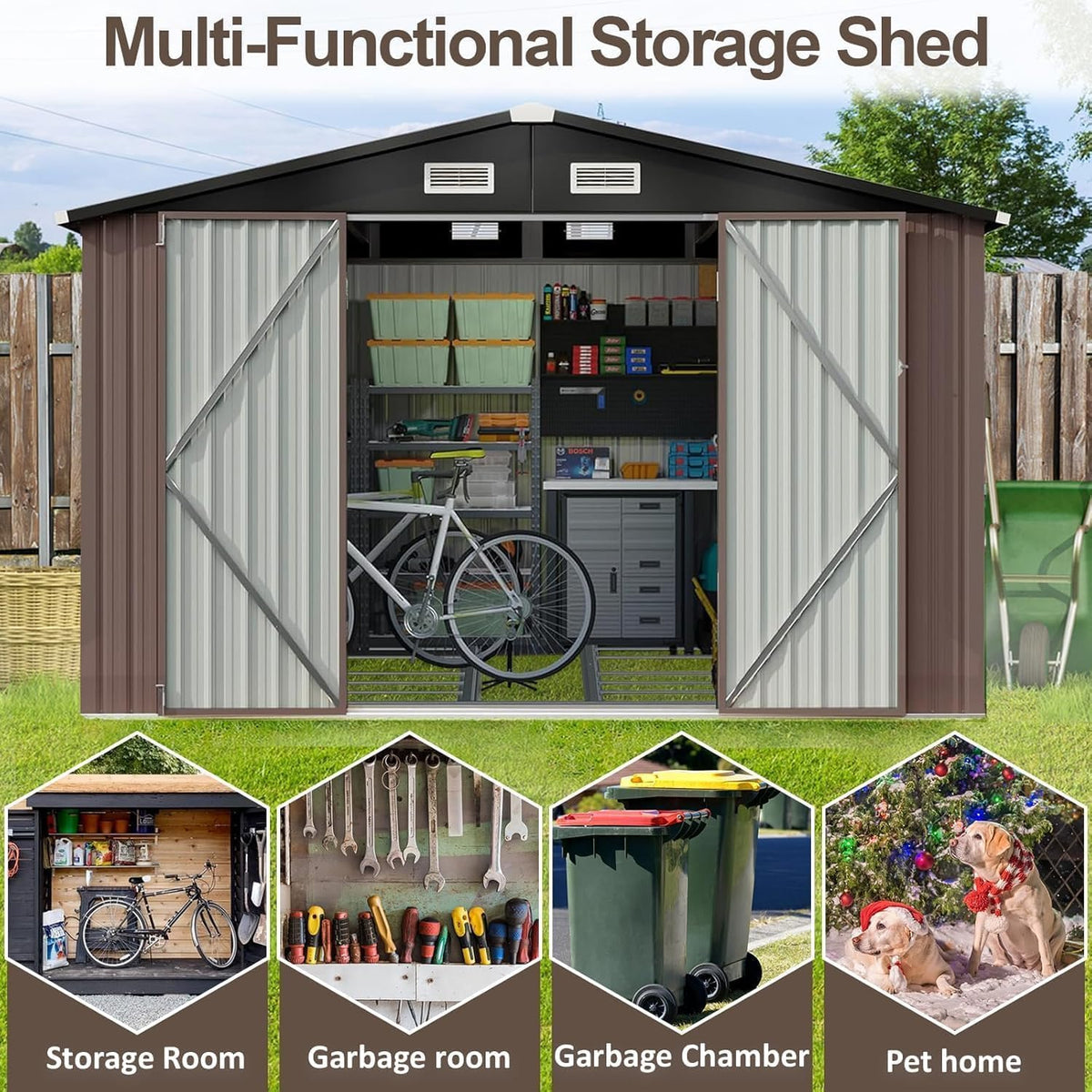 aoxun 10x8 ft shed outdoor storage shed, brown, package contents