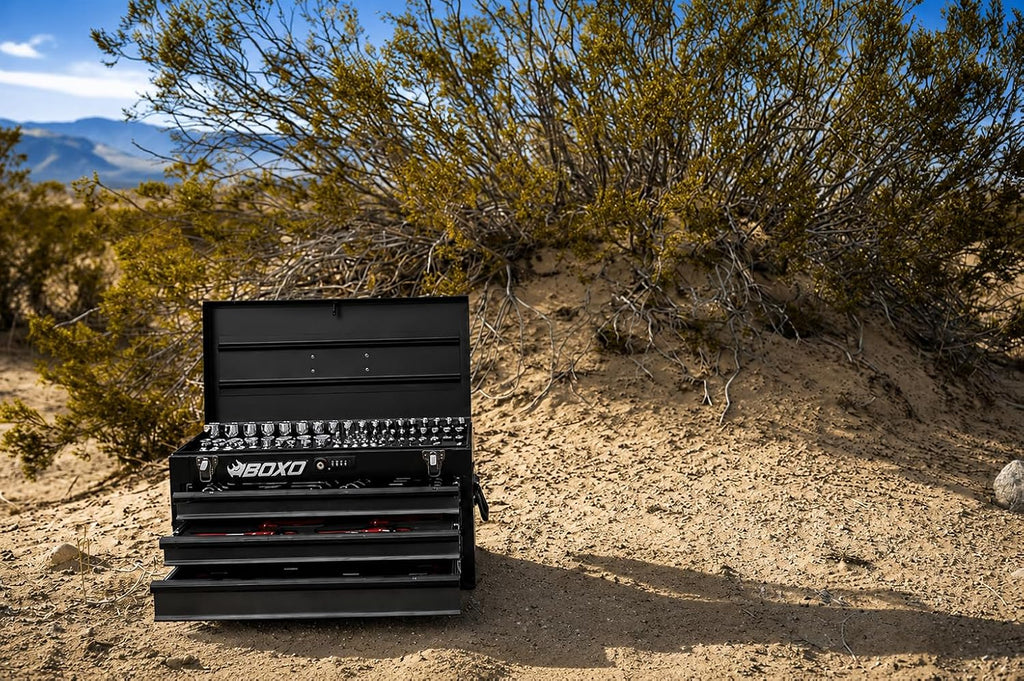 Boxo USA 3-Drawer Hand Carry Toolbox – Heavy Duty 20-Gauge Steel Portable Tool Box with Ball Bearing Drawers, Dual Key & Combination Lock, Powder-Coated Finish (Black)