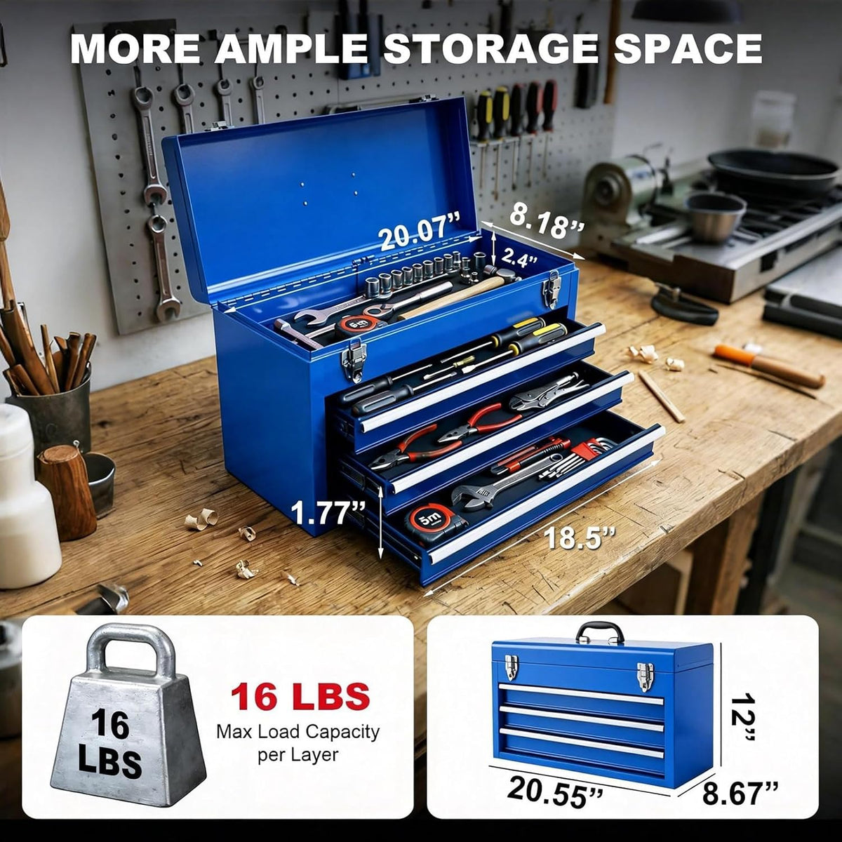 BIG RED Metal Tool Box, 20.5-inch, Portable Metal Tool Box with 3 Drawers