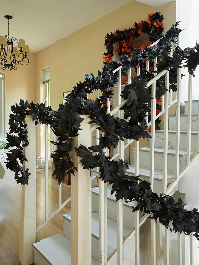 PARTY JOY Black Artificial Maple Leaf Garland - 6PCS 5.6Ft Halloween Decor, Gothic Fall Vines for Front Porch, Thanksgiving Autumn Table Centerpiece & Wall Hanging