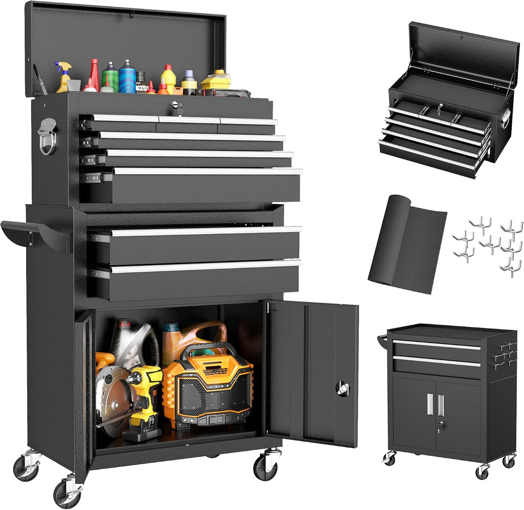 Greenvelly 8-Drawer Tool Chest with Wheels, Pre-Assembled Rolling Tool Chest, Detachable Top Tool Box, Lockable Design, Comes with Drawer Liners & Side Hooks for Garage Workshop Repair Room (Black)