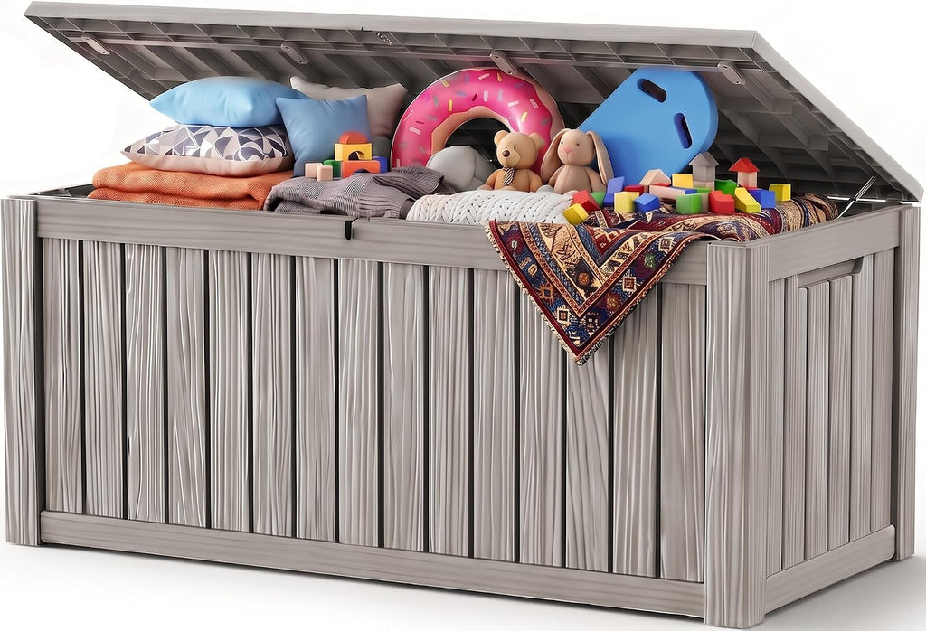 Outdoor Storage Box, 240 Gal Waterproof Resin Deck Box w/Support Rod