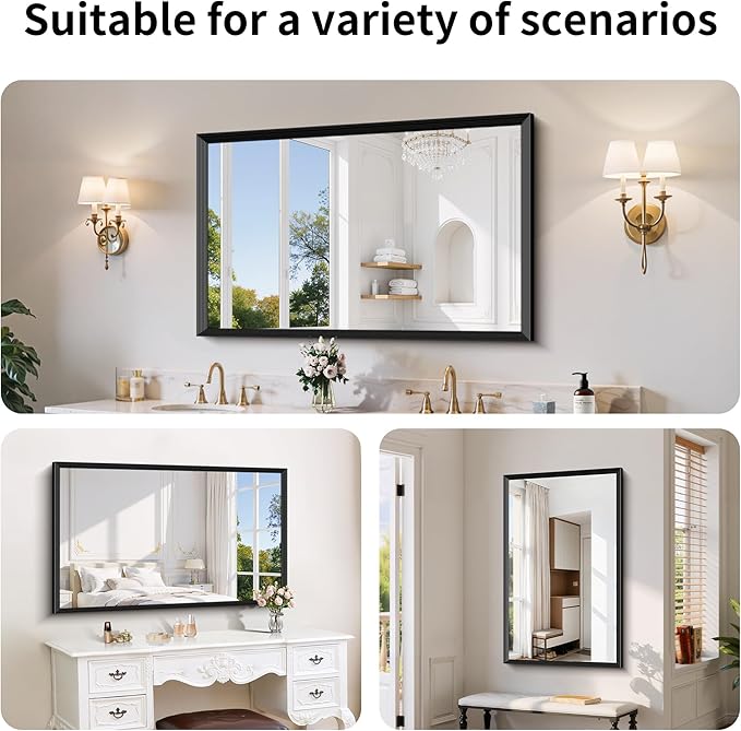 Black Bathroom Mirror 30 x 50 Inch Rectangle Wave Beveled