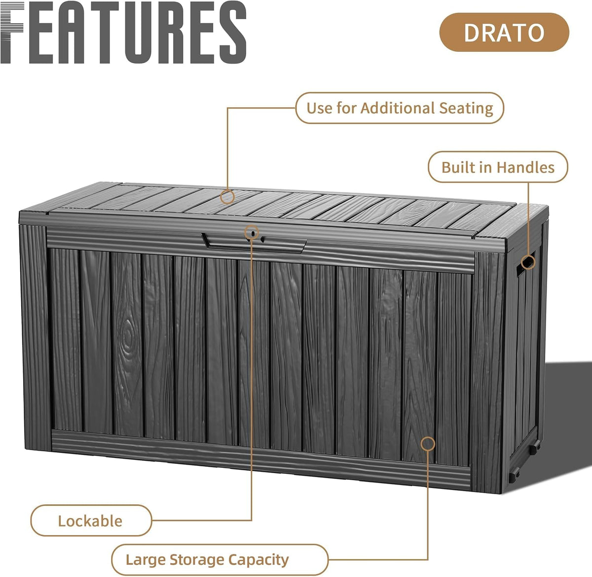 drato 100 gallon waterproof deck box outdoor storage, package contents