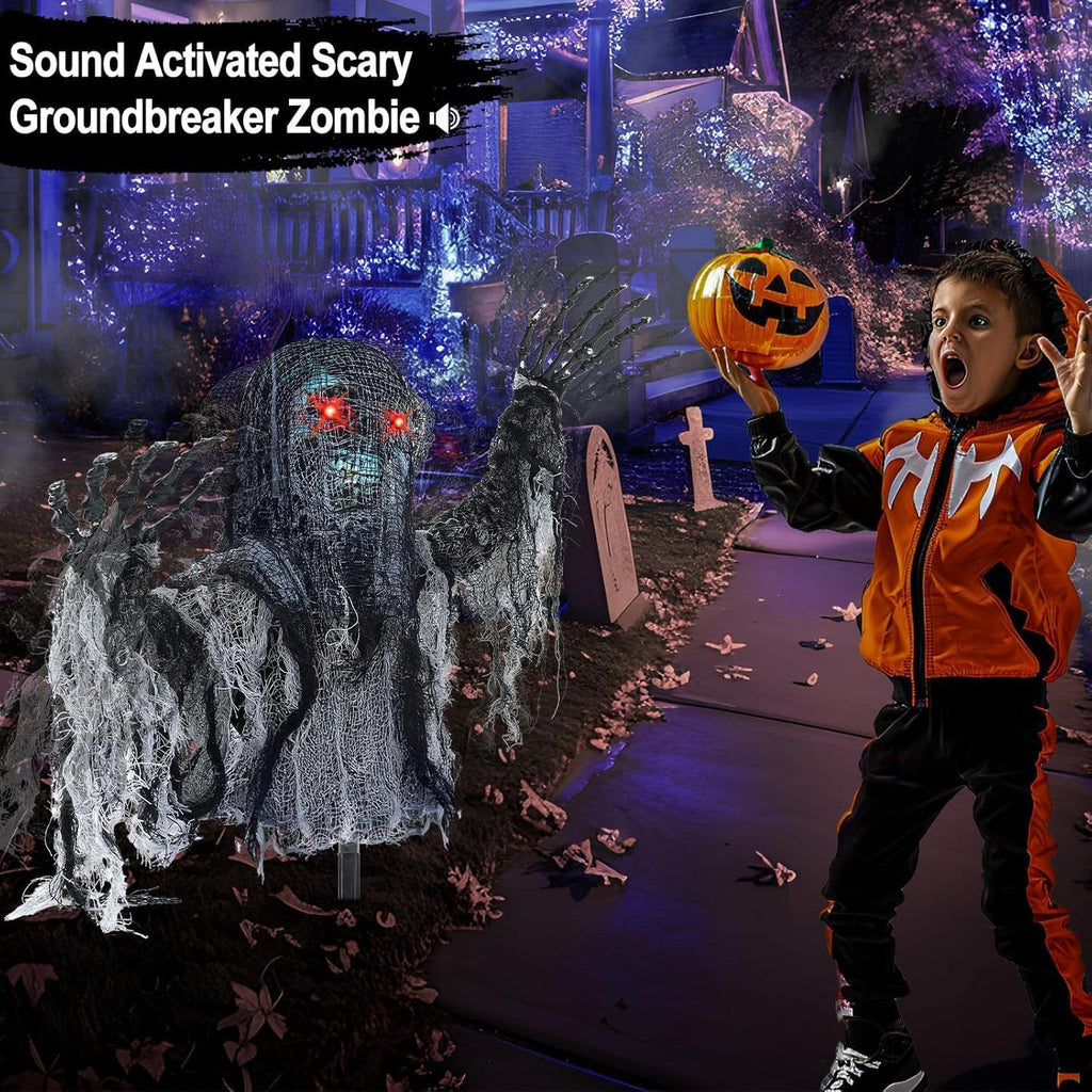 Talking Zombie Groundbreaker Halloween Animatronic with Red Eyes
