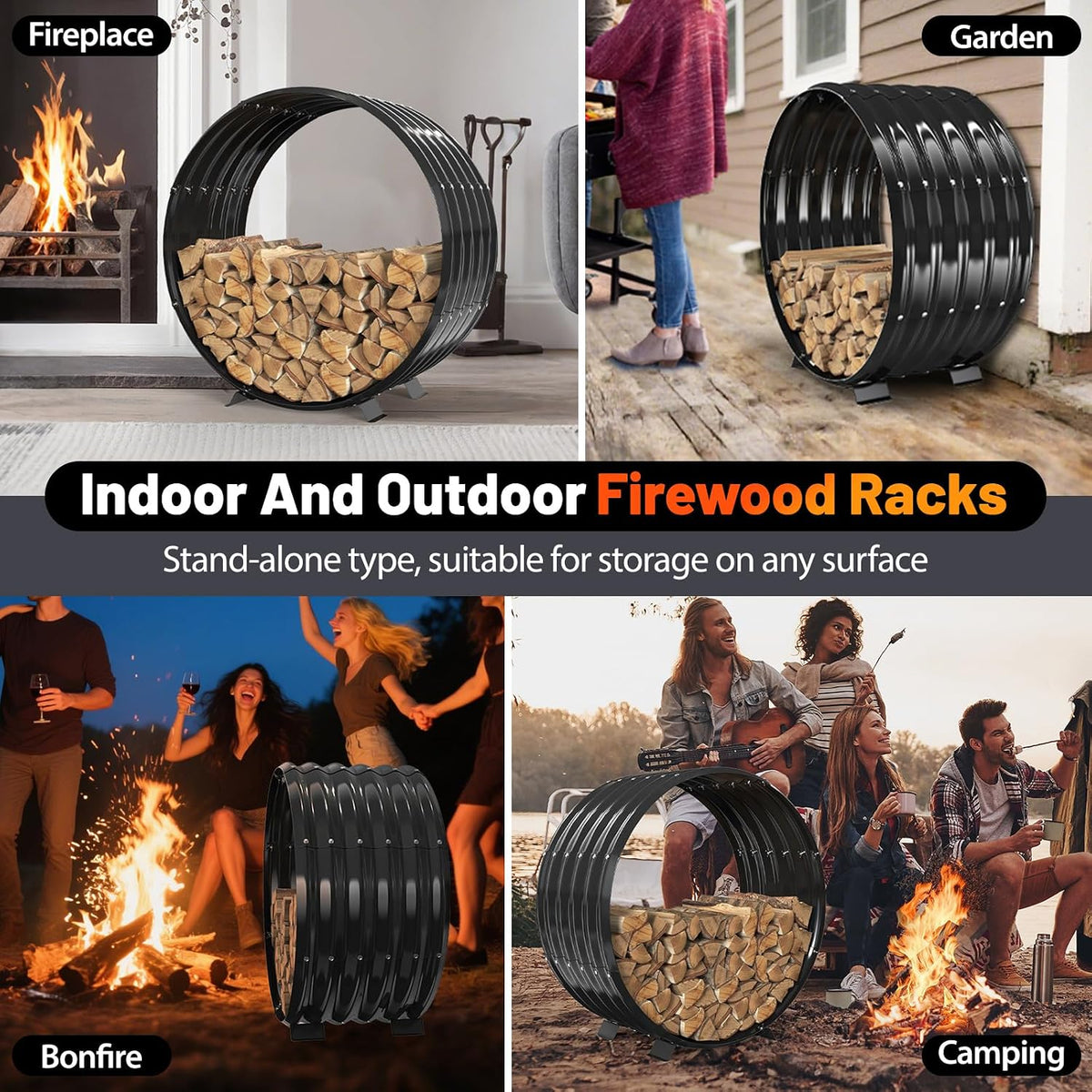 32" Round Metal Firewood Rack Circle with 4X Metal Support Outdoor / Indoor