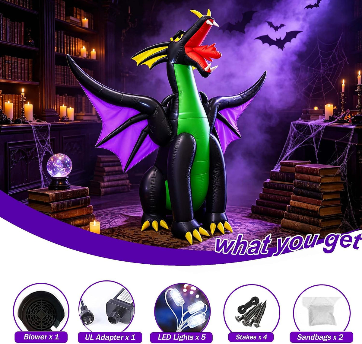 SEASONBLOW 9Ft Long Halloween Inflatable Giant Fire & Ice Dragon Decoration