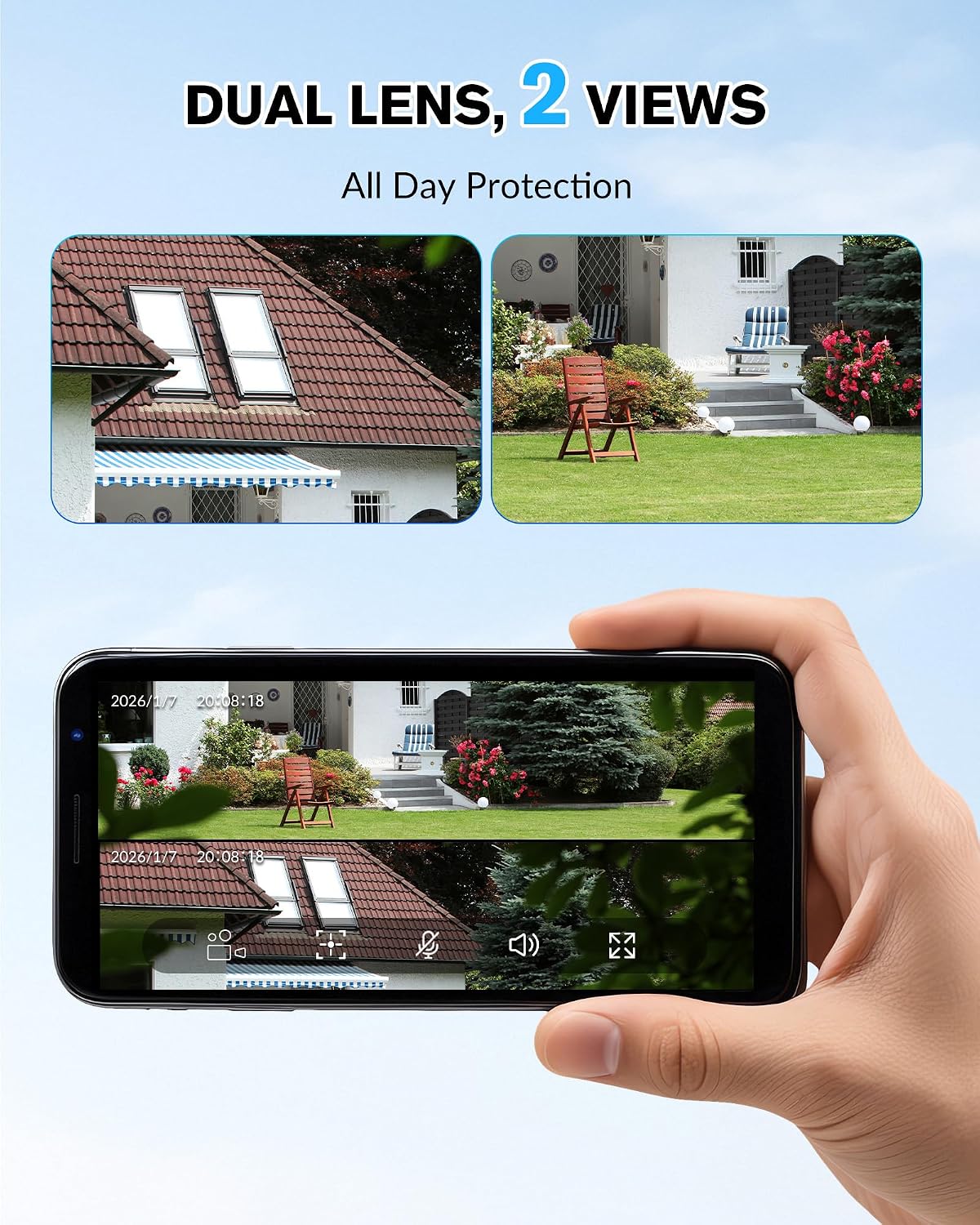 KEPEAK Solar Security Camera Outdoor Wireless, Dual Lens PTZ WiFi Camera 2.4G, IP66 Outdoor Camera with Three-View Display, Color Night Vision, Human Detection