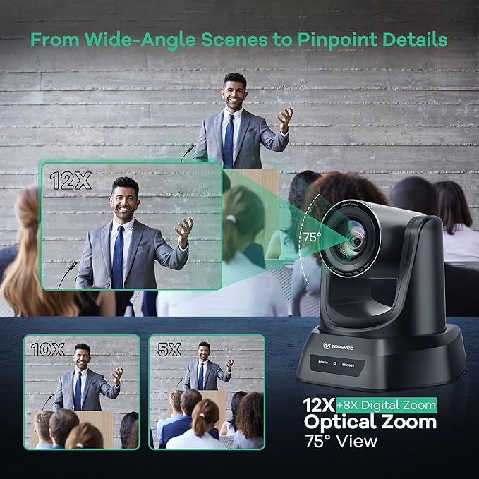 TONGVEO PTZ Camera AI Auto Tracking 12X Optical Zoom Conference Room Camera