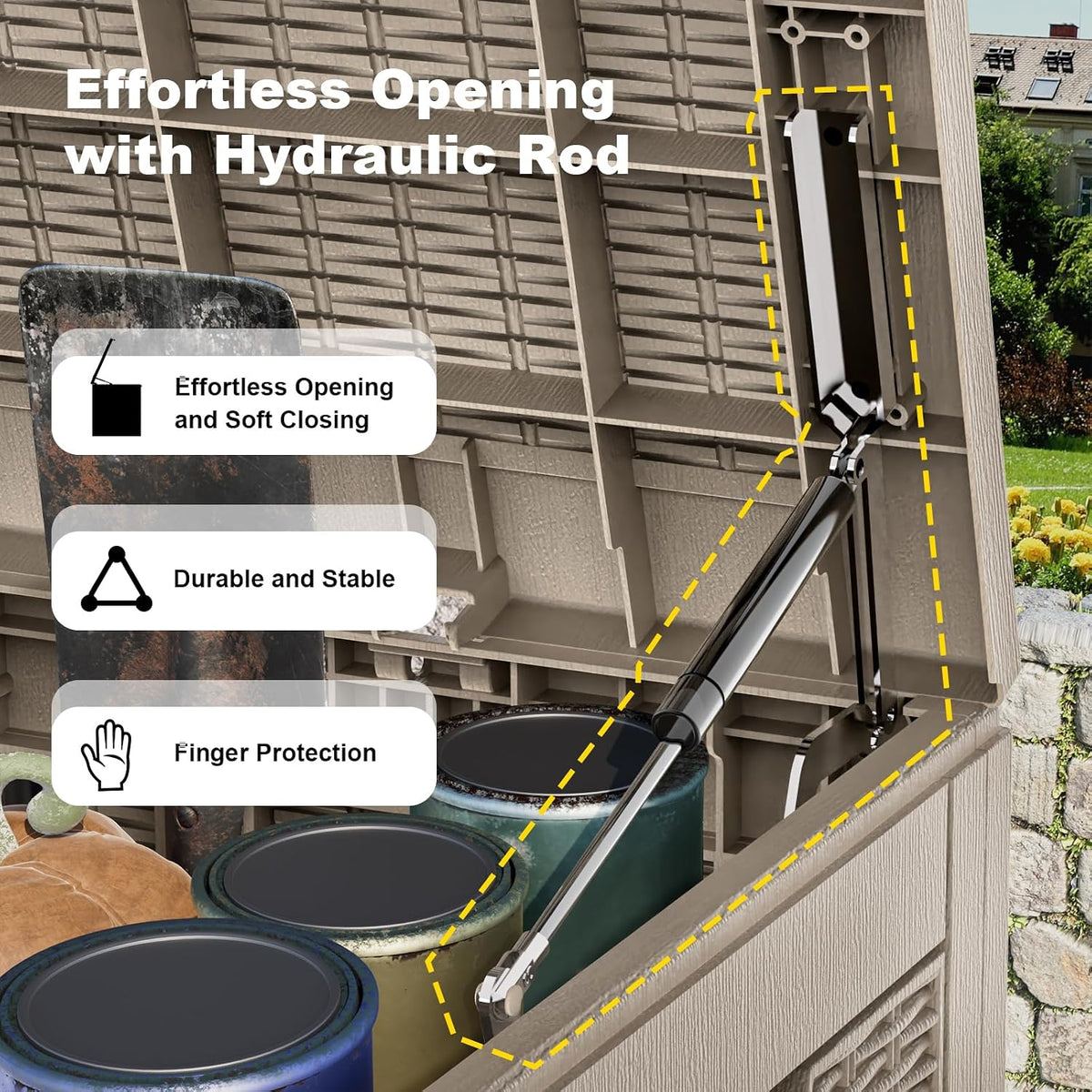 patiozen 150 gallon resin deck box, lockable patio shown in use