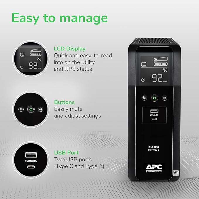 APC UPS Back-UPS Pro, 1000VA Sinewave UPS Battery Backup & Surge Protector