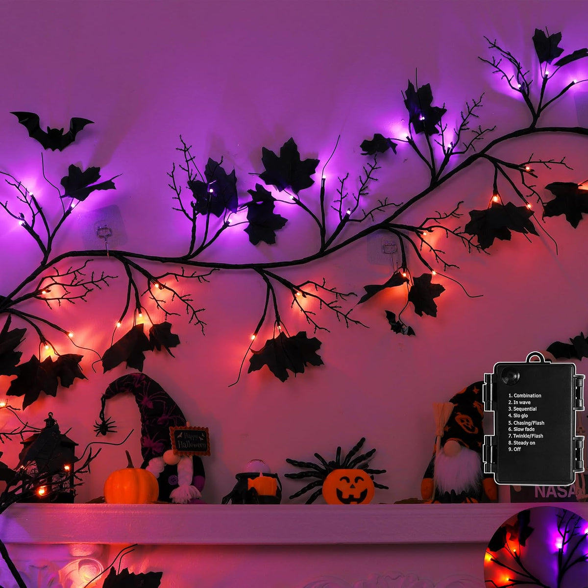 FLYSNK 9 FT 72 LED Halloween Willow Vine Twig Decorations With Orange & Purple Lights - 8 Modes & Timer - Battery Operated Garland for Indoor Mantle Fireplace Home Decor